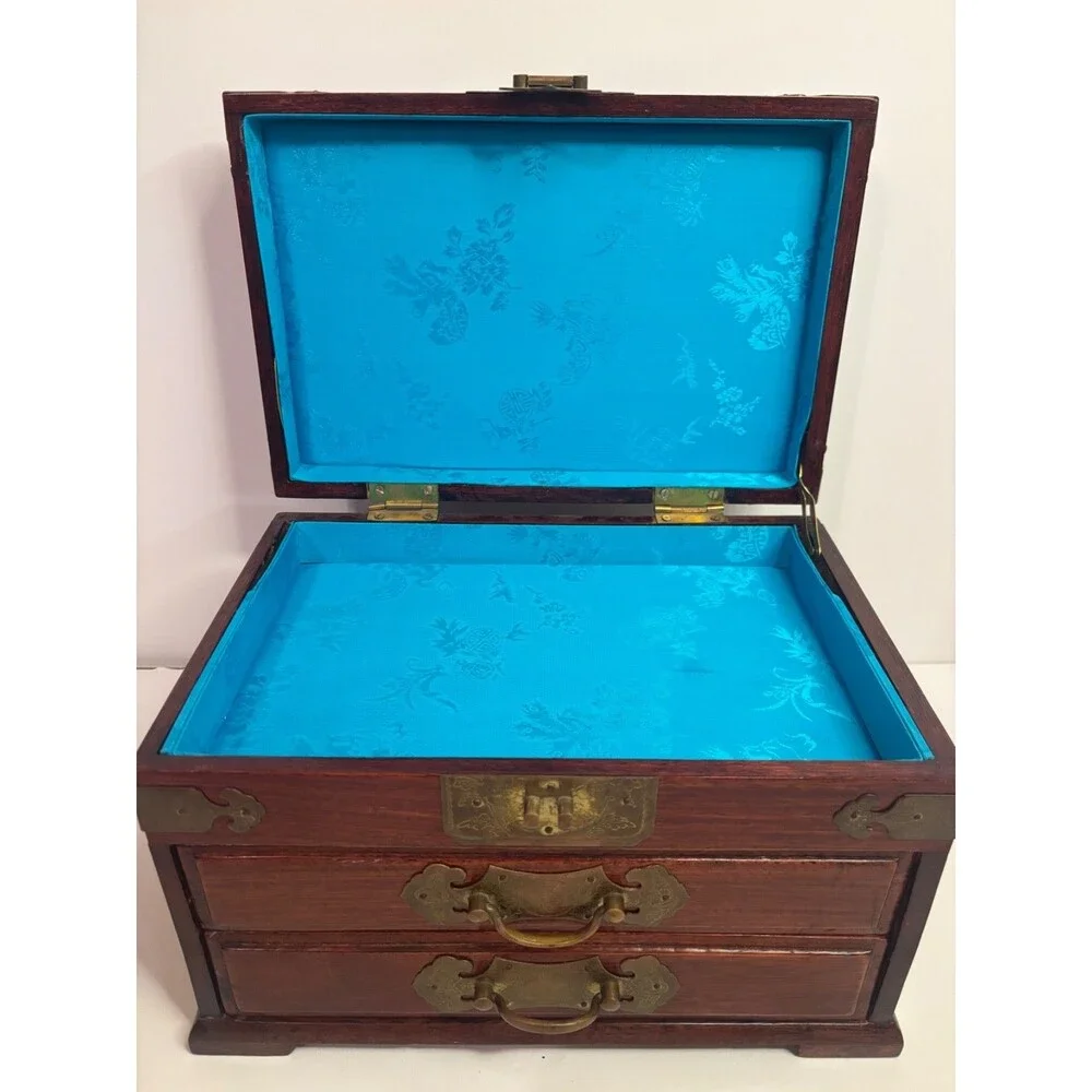 Vintage Chinese Rosewood Jewelry Box-Brass Hardware-Silk Lined-Trinket Chest-